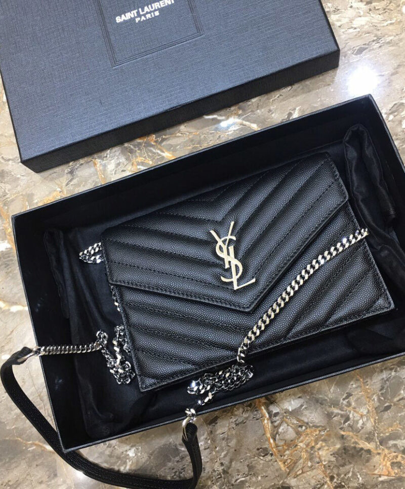 Saint Laurent Envelope Chain Wallet In Grain De Poudre Embossed Leather Black